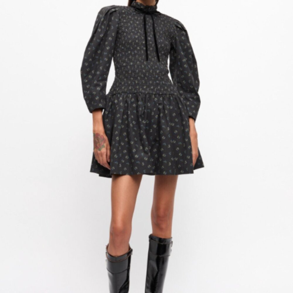 Ganni Black Mini Dress with Subtle Floral Print